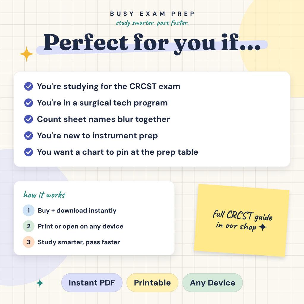 Surgical Instruments Cheat Sheet digital PDF. Intended learners and digital download format. The full guide mentioned is a separate optional purchase and is not included.