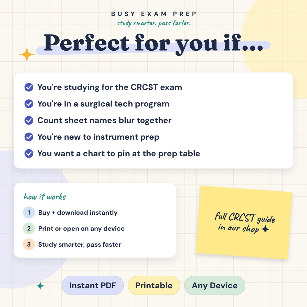 Surgical Instruments Cheat Sheet digital PDF. Intended learners and digital download format. The full guide mentioned is a separate optional purchase and is not included.