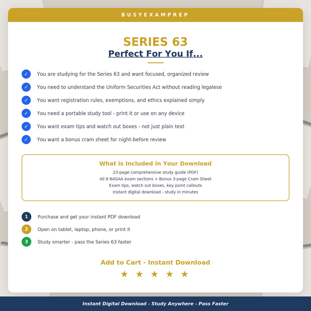 Series 63 Study Guide digital PDF. Original audience and included-format overview. Cram review pages are inside the guide PDF, not a separate download. No printed book.