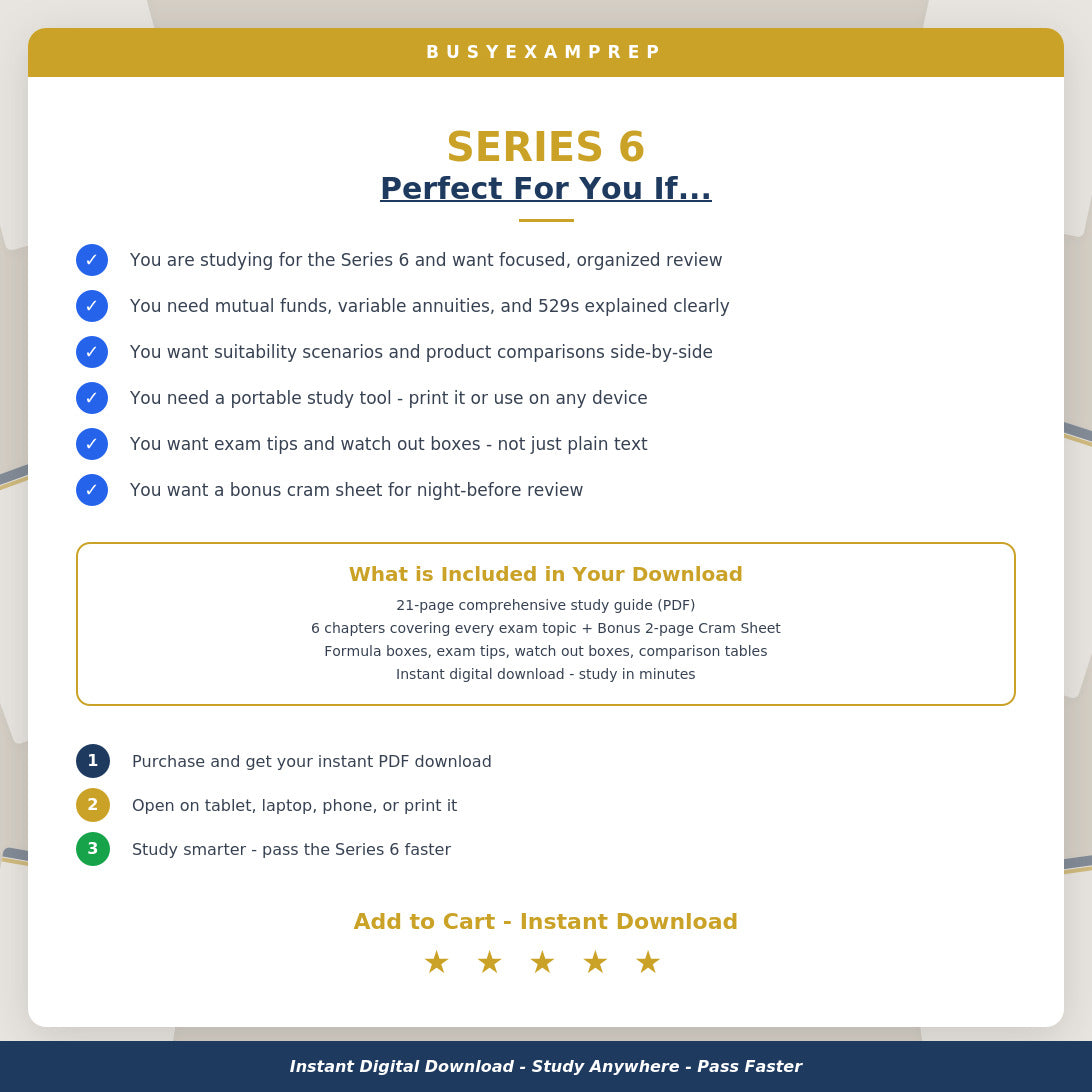 Series 6 Study Guide digital PDF. Original audience and included-format overview. Cram review pages are inside the guide PDF, not a separate download. No printed book.