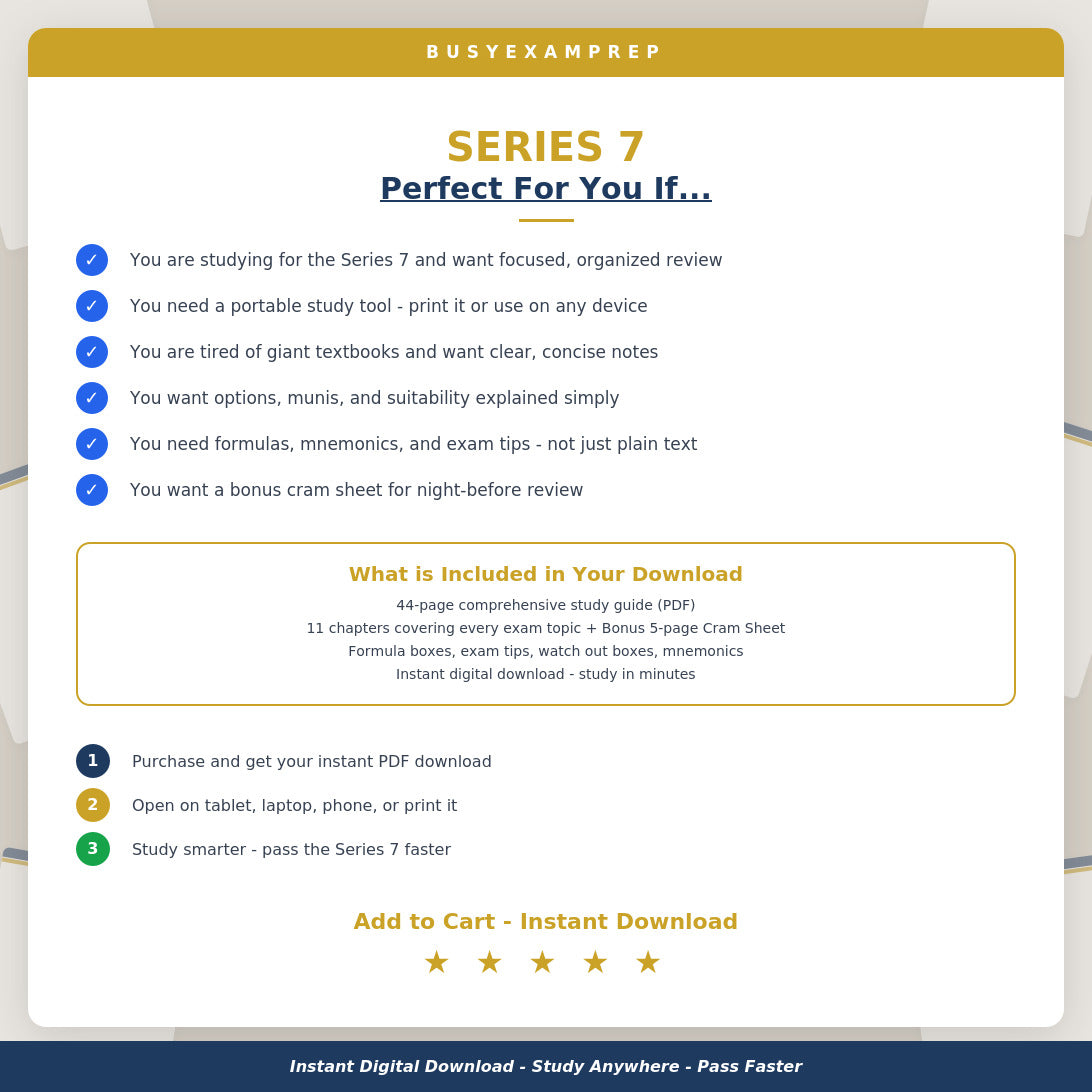 Series 7 Study Guide digital PDF. Original audience and included-format overview. Cram review pages are inside the guide PDF, not a separate download. No printed book.
