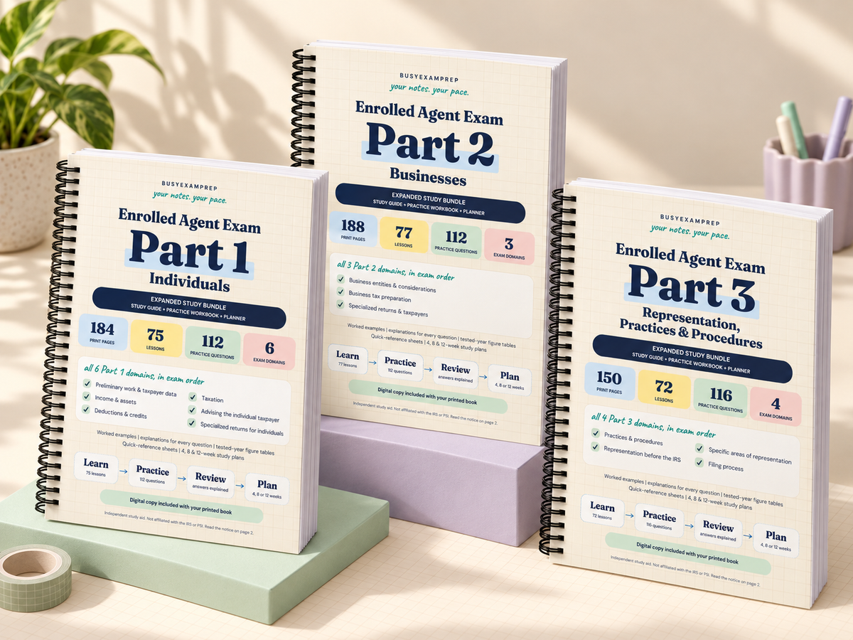 EA Parts 1, 2 and 3 printed study set. Three upright coil-bound book mockups on mint and lavender pedestals. Matching digital PDFs included. Styling props are not included.