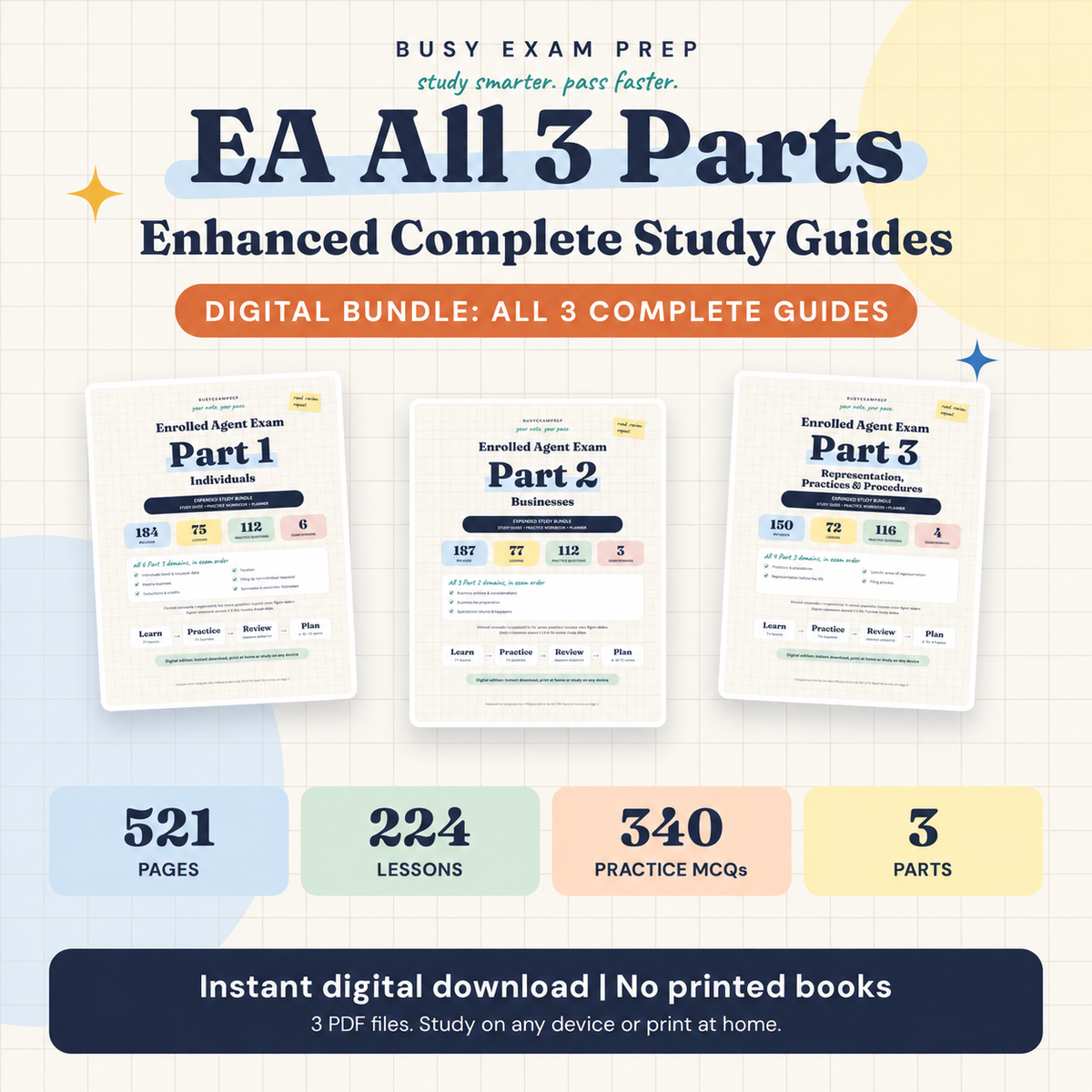 Enrolled Agent Complete Study Guides, All 3 Parts, Digital Edition. Enhanced Complete digital guide cover and content counts. No printed book.