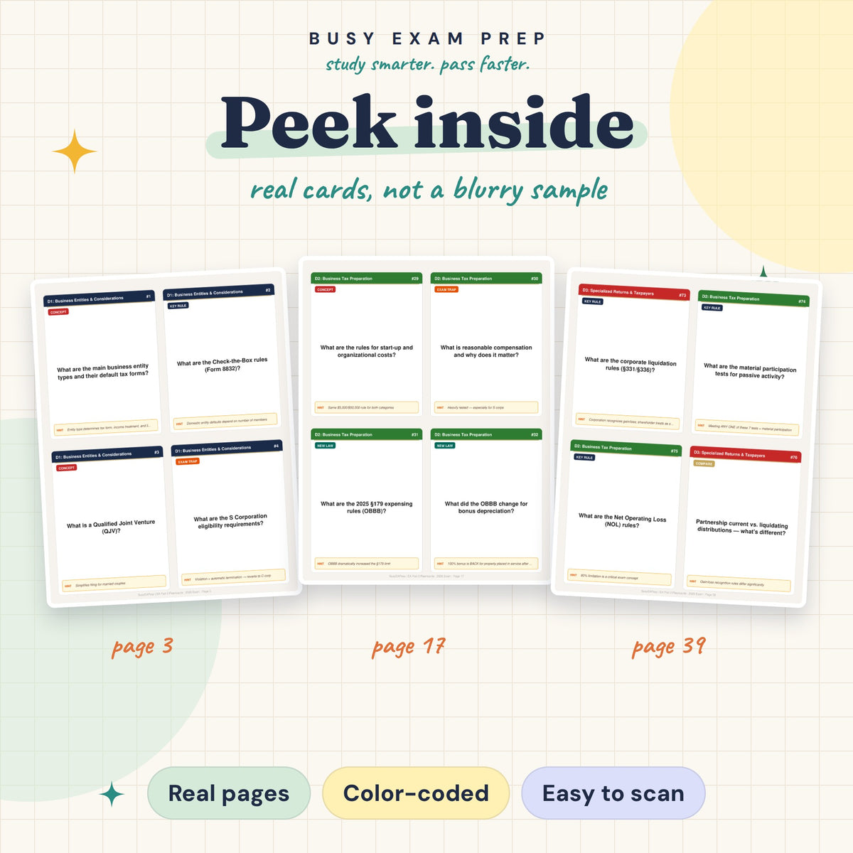 Optional paid add-on: EA Part 2 flashcard page examples from the all-three flashcard Package. Not included with guide-only.