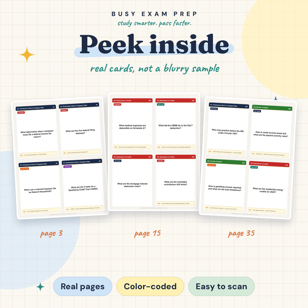Optional paid add-on: EA Part 1 flashcard page examples. Included only with the Study Guide + Flashcards Package, not guide-only.
