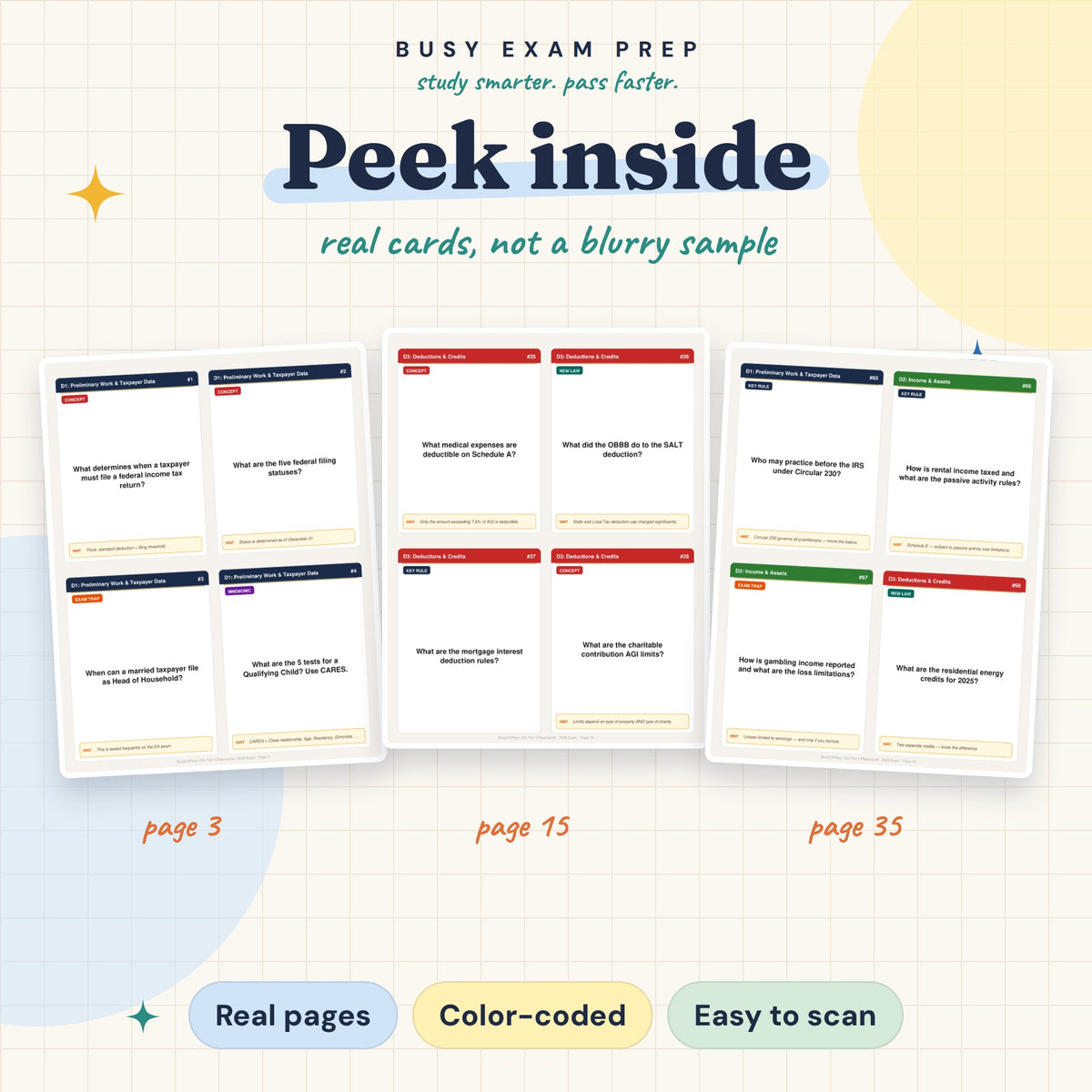 Optional paid add-on: EA Part 1 flashcard page examples. Included only with the Study Guide + Flashcards Package, not guide-only.