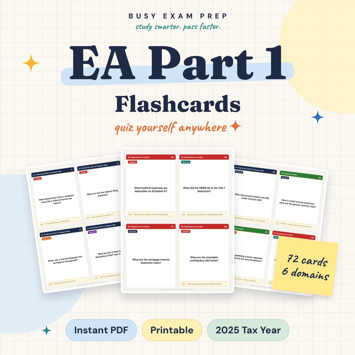 Optional paid add-on: EA Part 1 flashcard deck with 72 cards across six domains. Included only with the Study Guide + Flashcards Package, not guide-only.