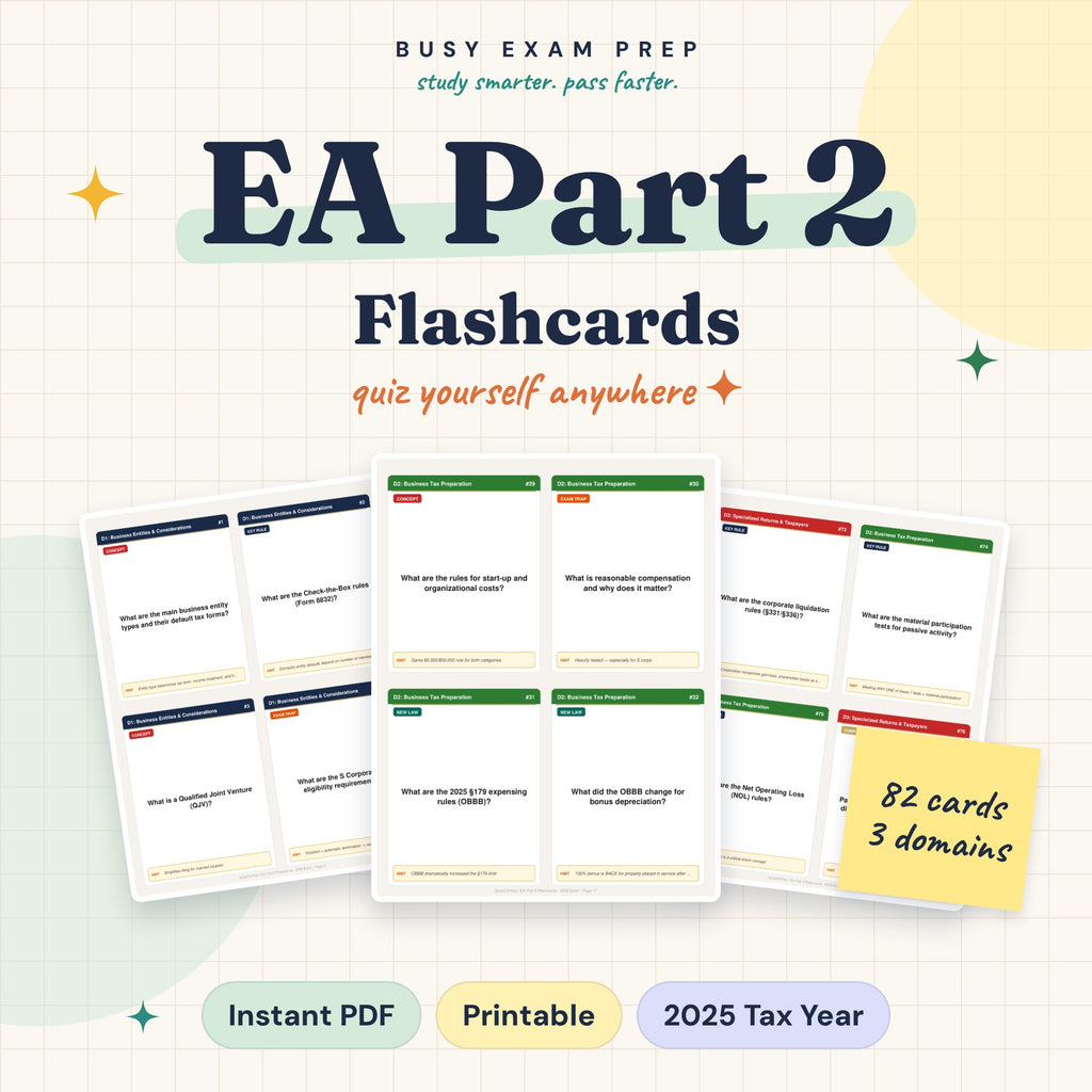 Optional paid add-on: EA Part 2 flashcard deck with 82 cards across three domains. Included only when the selected Package names Flashcards, not guide-only.