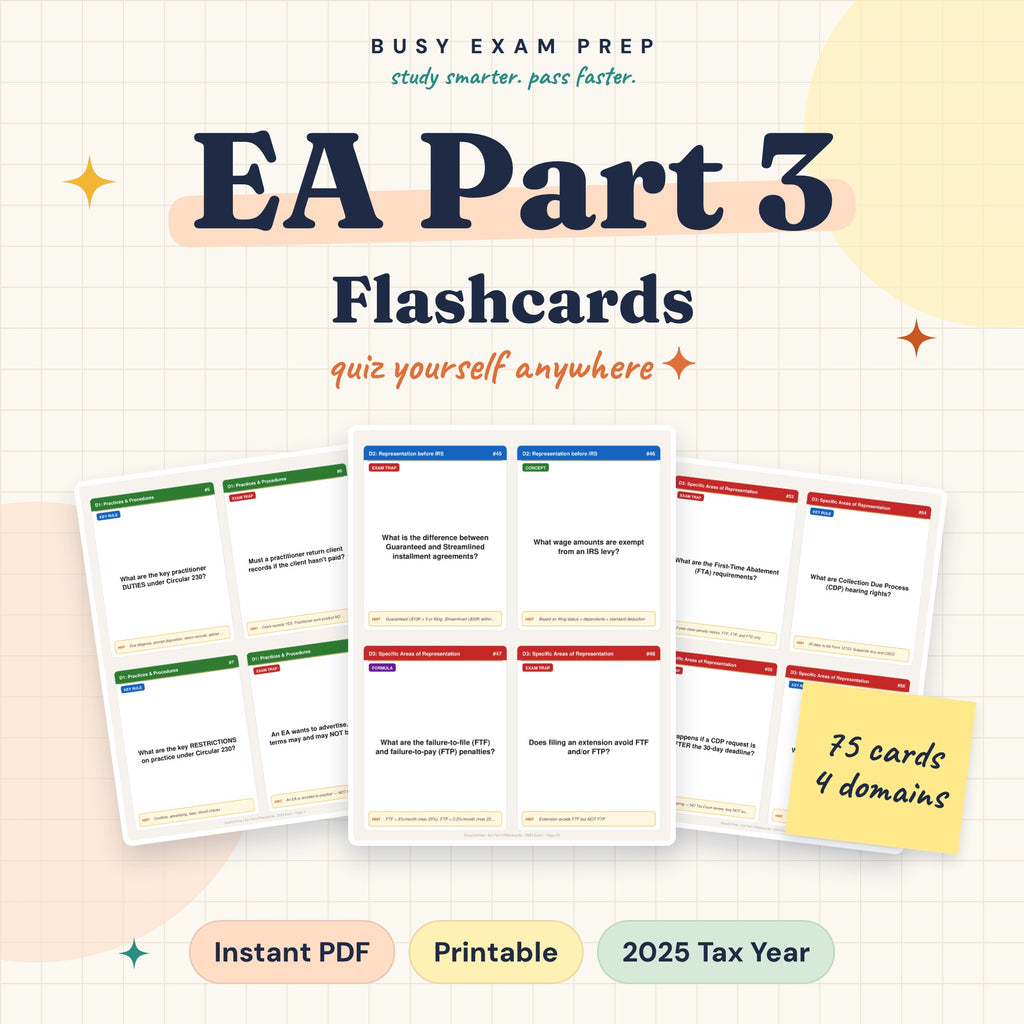 Optional paid add-on: EA Part 3 flashcard deck with 75 cards across four domains. Included only when the selected Package names Flashcards, not guide-only.
