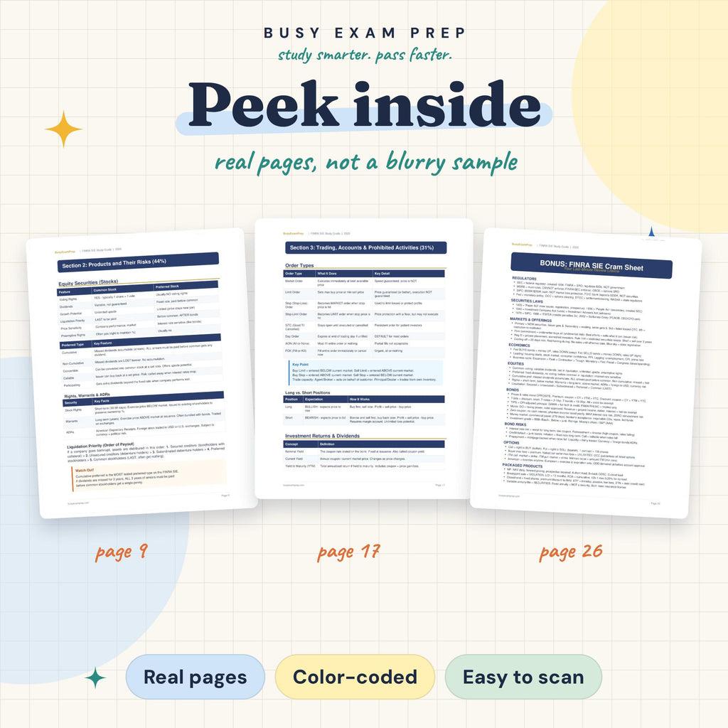 Preview pages from the SIE study guide