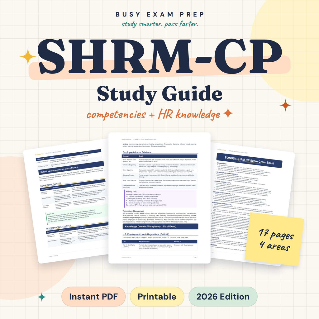 SHRM-CP Exam Study Guide digital cover, 17 pages