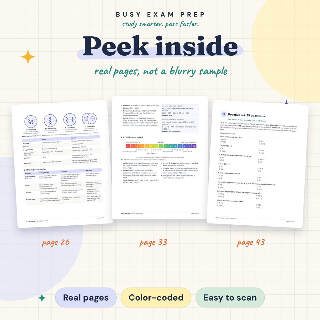 HESI A2 Study Guide. Actual digital PDF page previews and study examples.