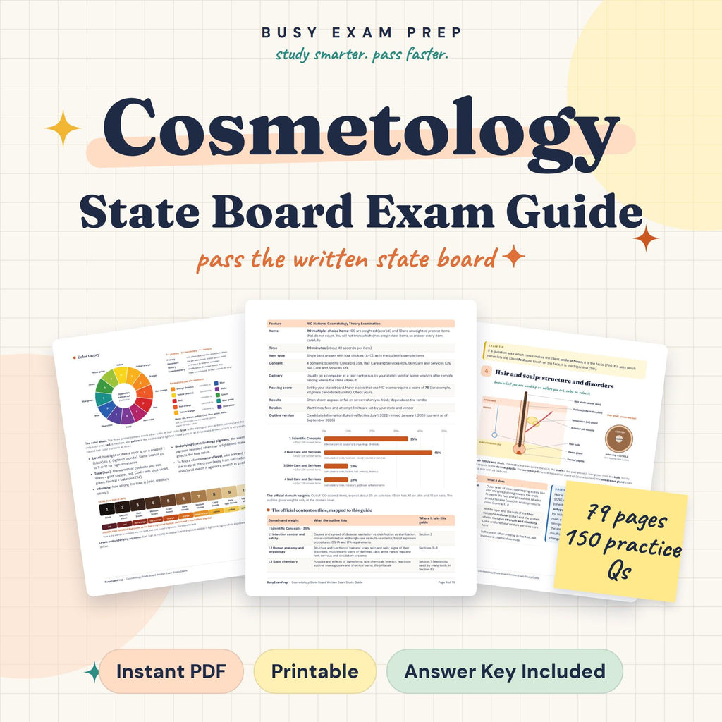 NIC Cosmetology State Board Exam Study Guide digital cover, 79 pages