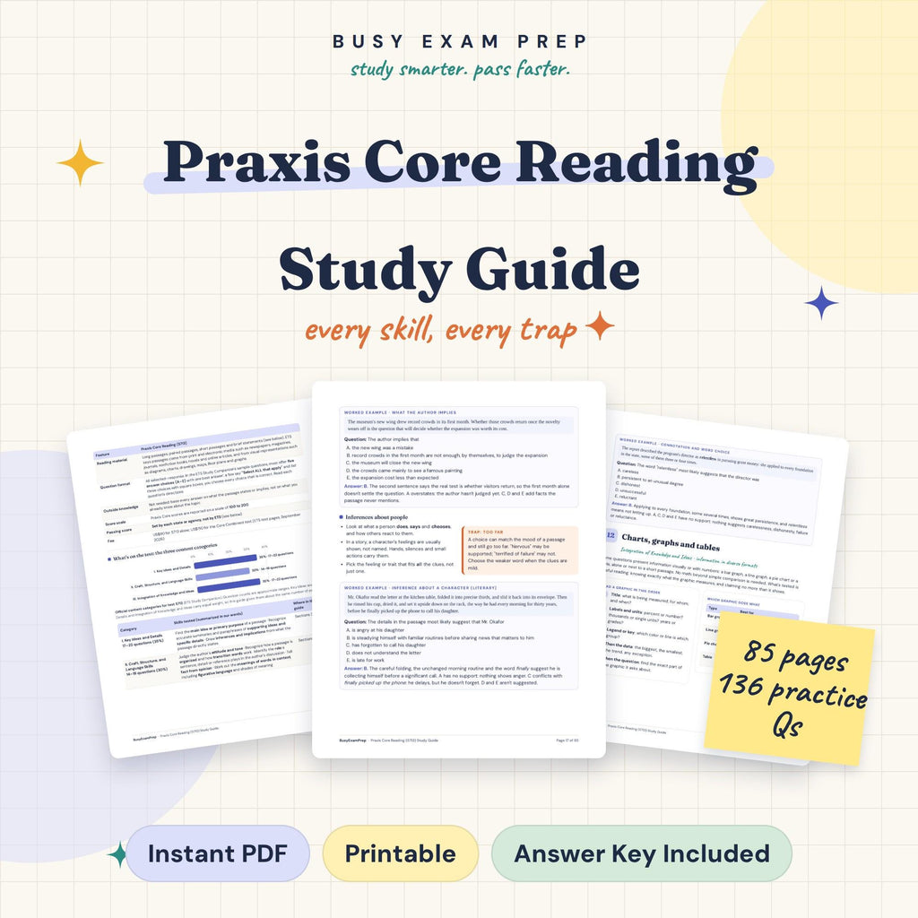 Praxis Core Reading 5713 Study Guide digital cover, 85 pages