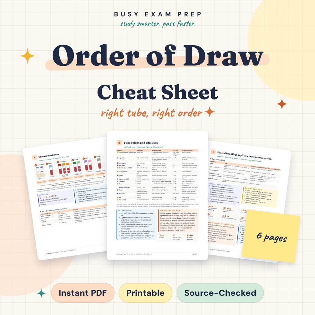 Order of Draw and Tube Colors Cheat Sheet digital PDF cover