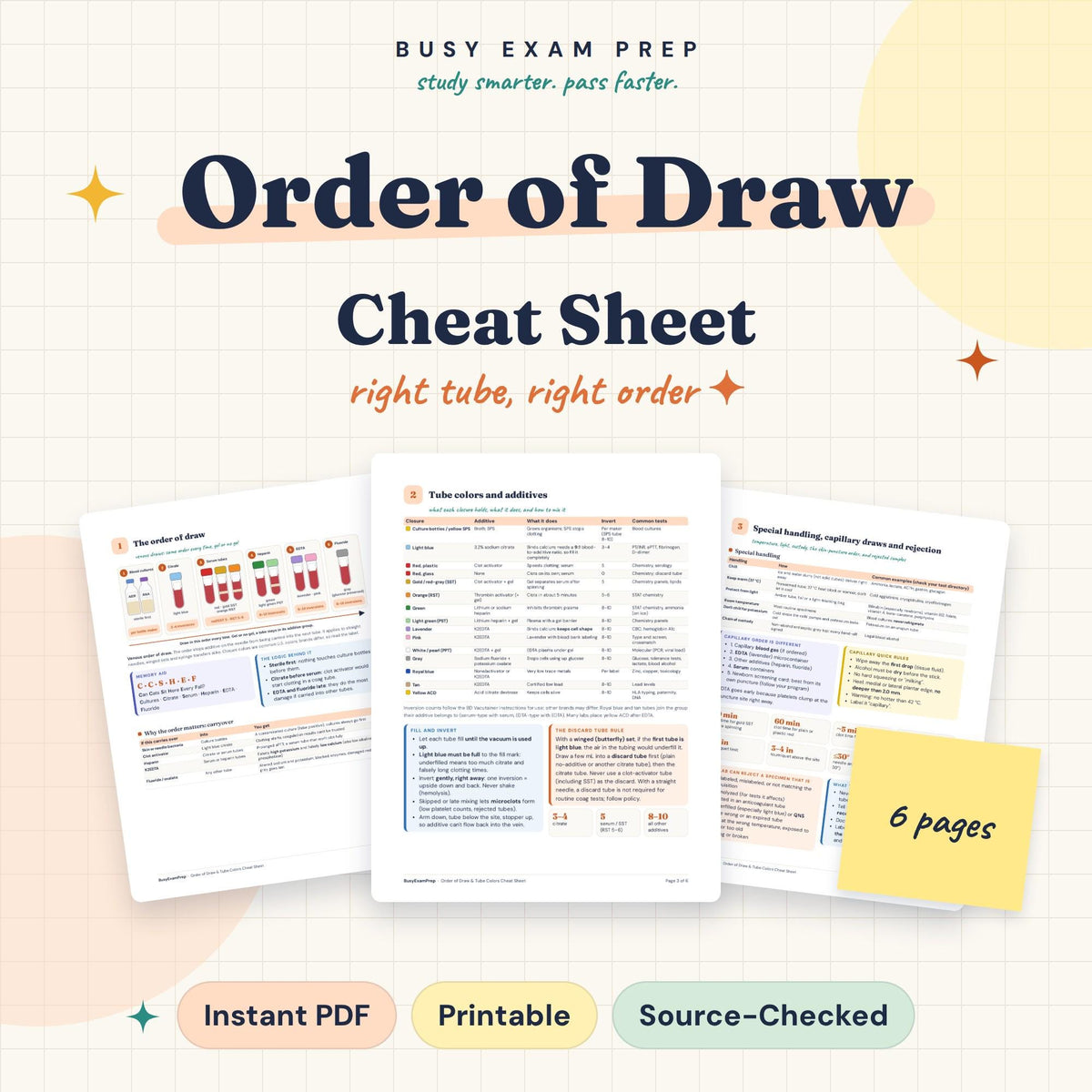 Order of Draw and Tube Colors Cheat Sheet digital PDF cover
