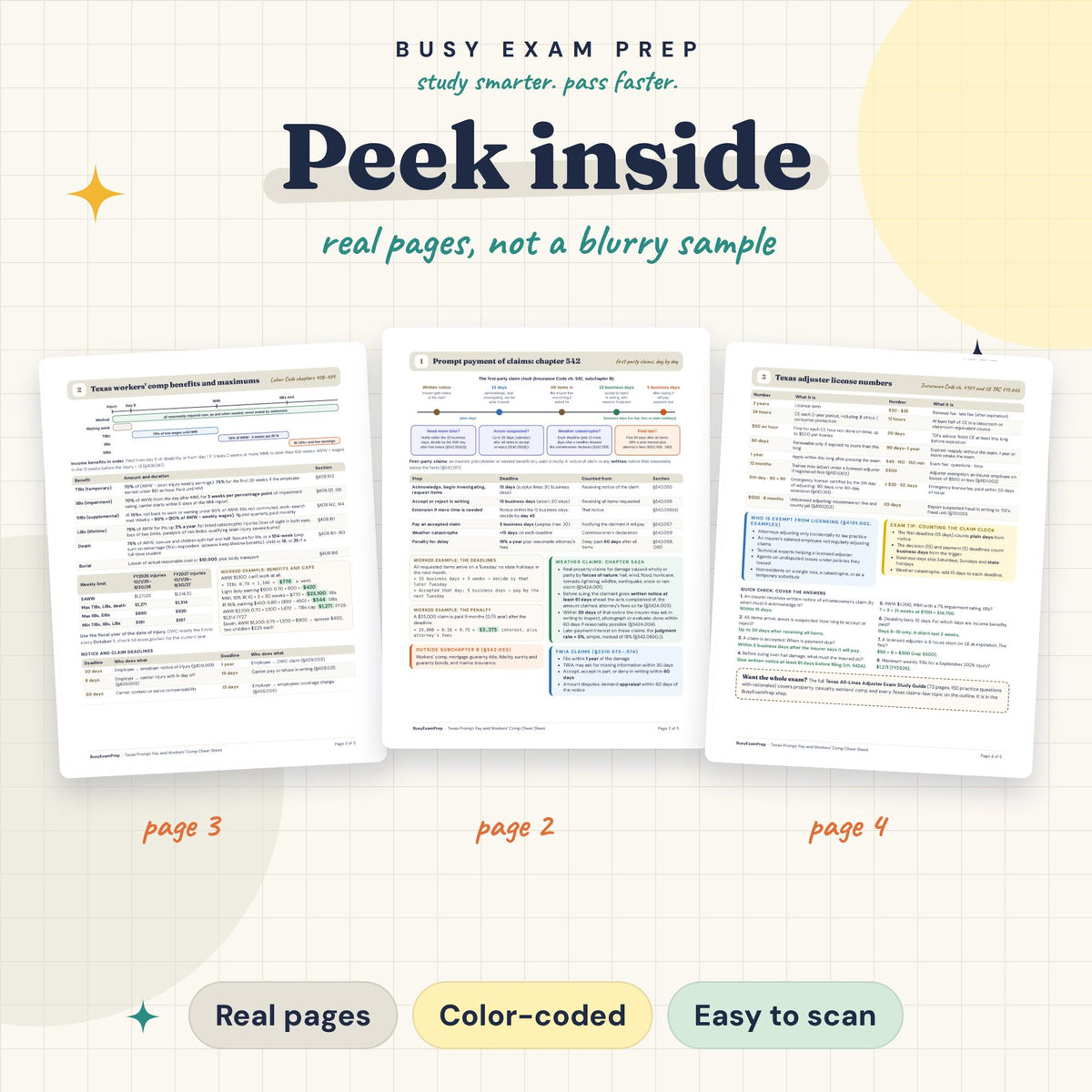 Texas Prompt Pay and Workers Comp Cheat Sheet original three content-page previews. Full exam guide shown in a promotion is separately sold and not included.