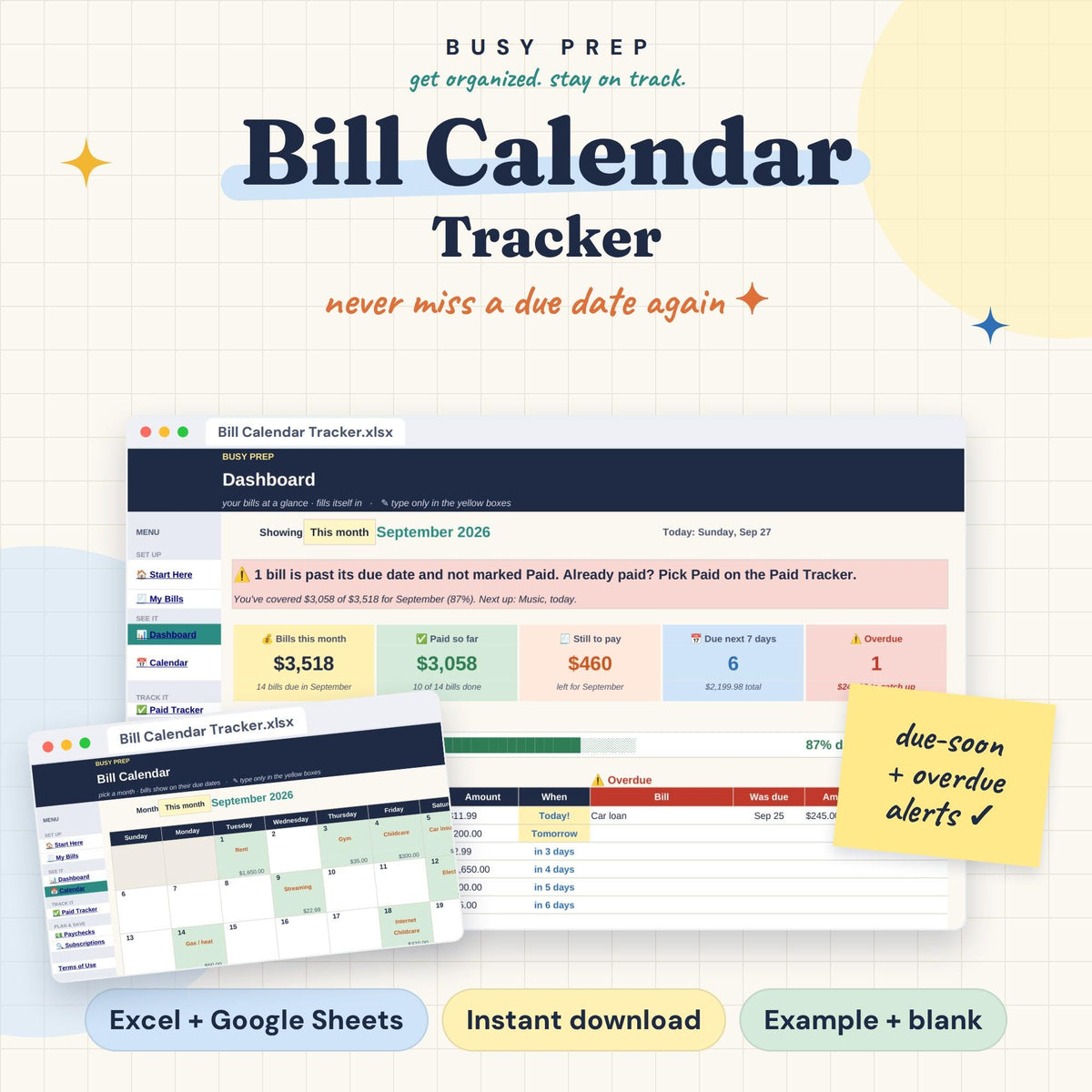 Bill Calendar Tracker Spreadsheet product preview
