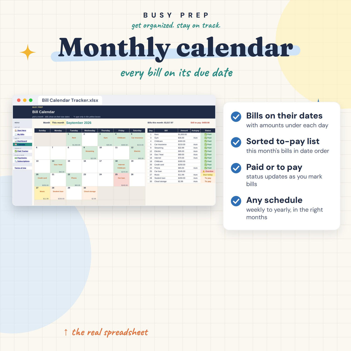 Bill Calendar Tracker Spreadsheet, preview 2