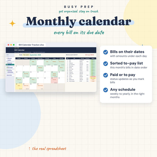 Bill Calendar Tracker Spreadsheet, preview 2