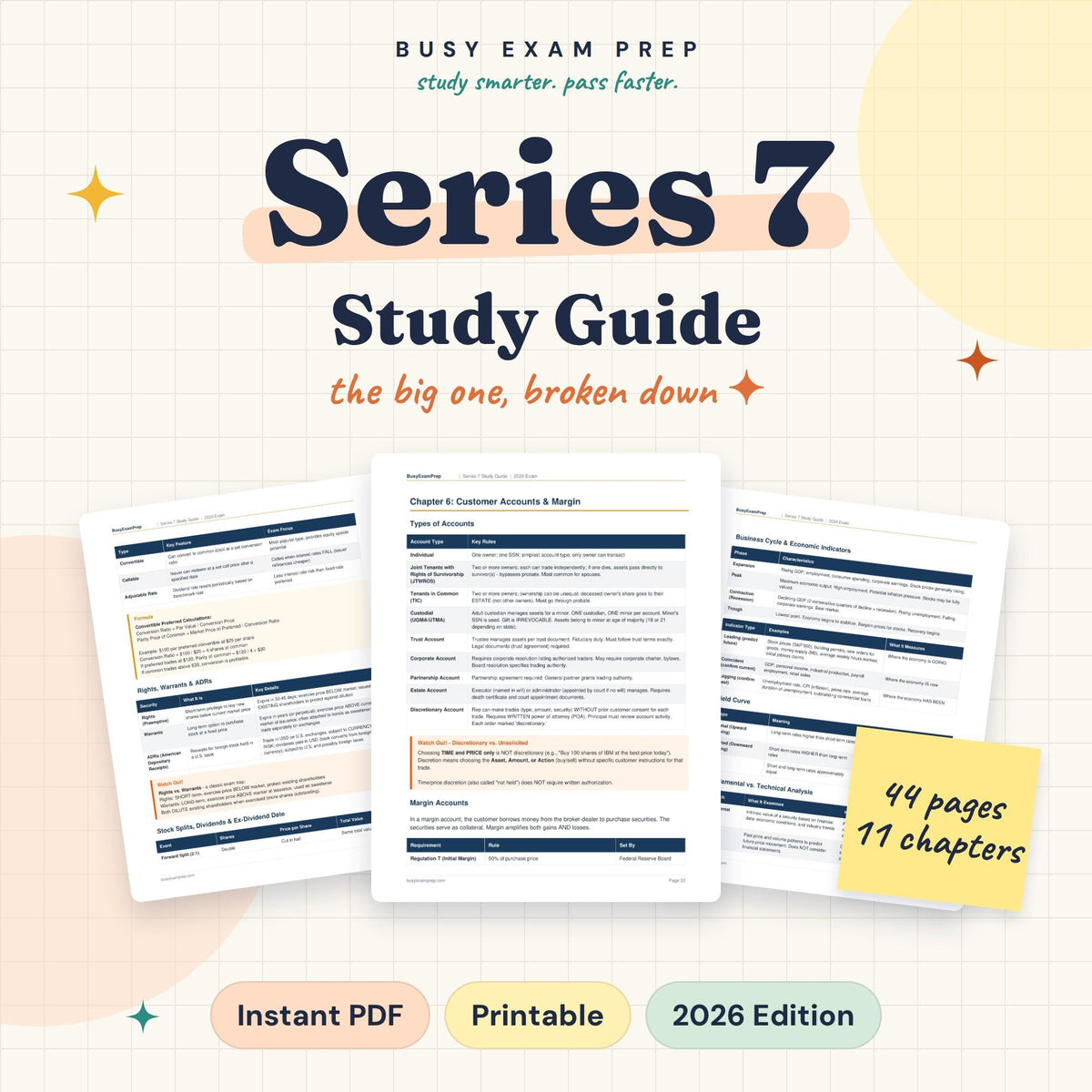 Series 7 Study Guide cover showing 44 pages and 11 chapters