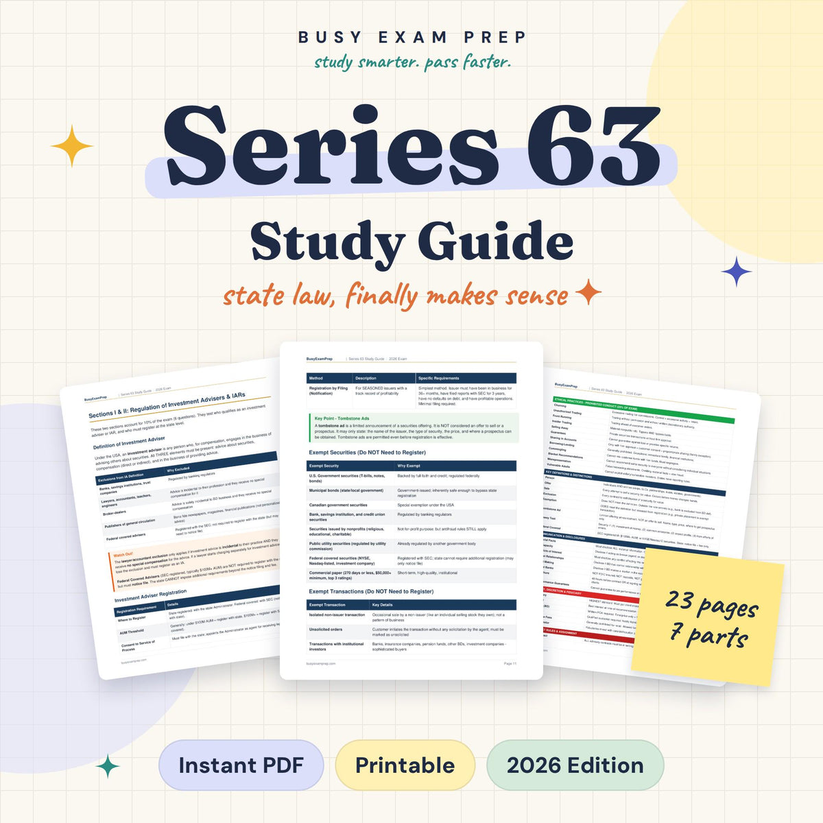 Series 63 study guide cover showing 23 pages
