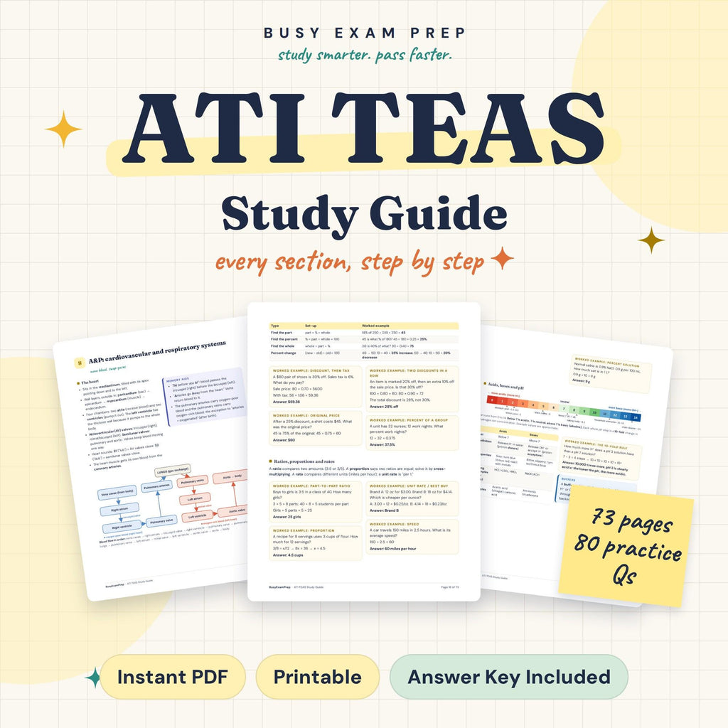 ATI TEAS Study Guide. Digital PDF with 73 pages and 80 practice questions. No printed book.