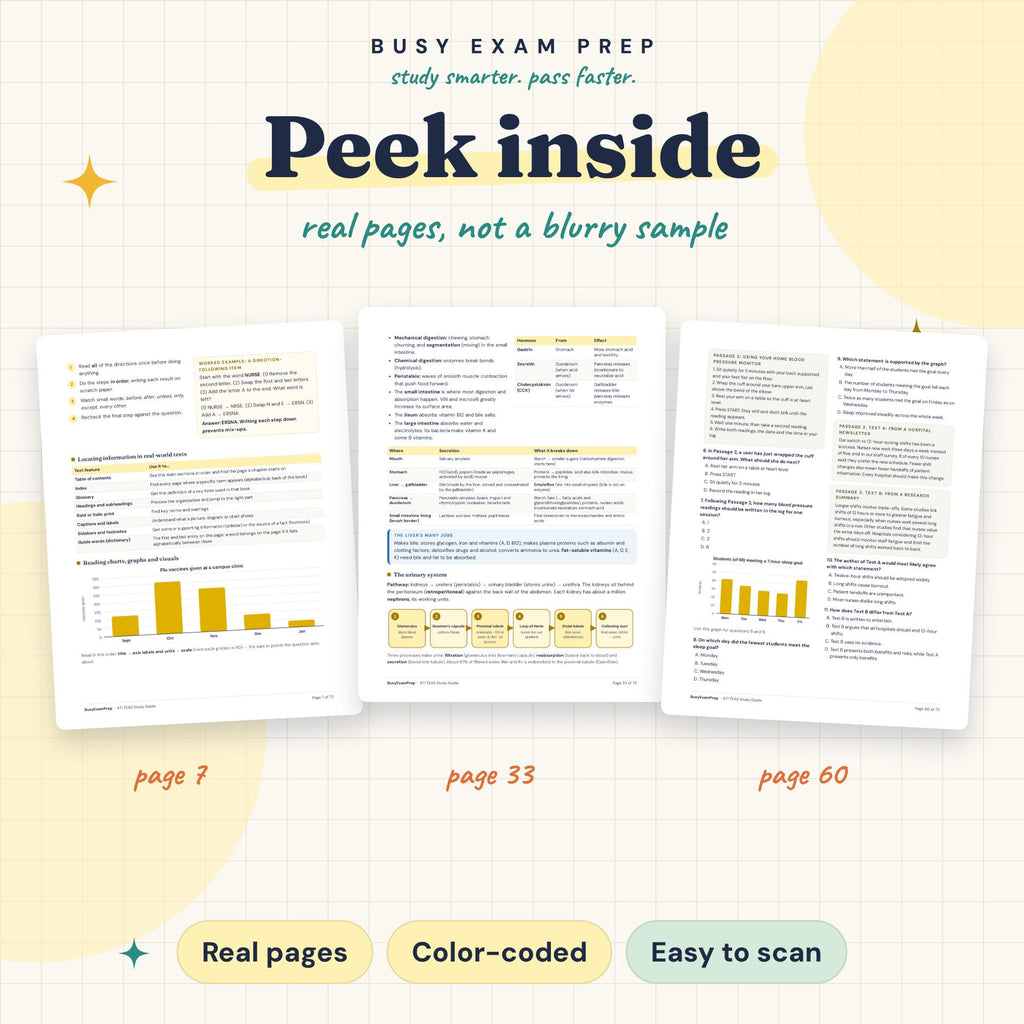 ATI TEAS Study Guide. Actual digital PDF page previews showing reading, science and practice questions.