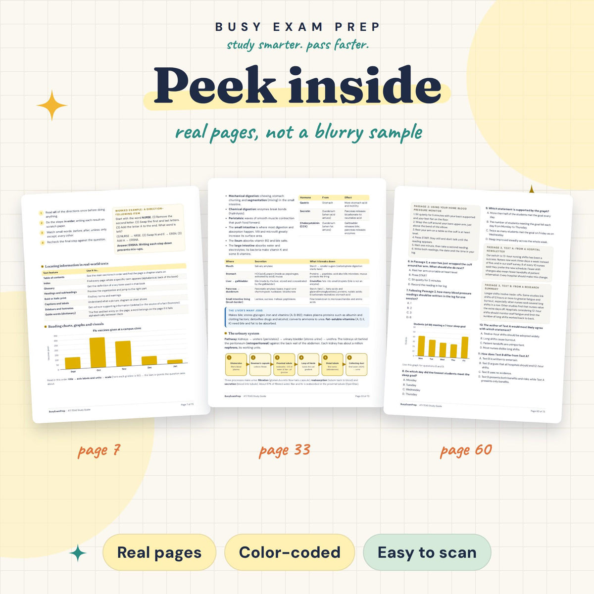 ATI TEAS Study Guide. Actual digital PDF page previews showing reading, science and practice questions.