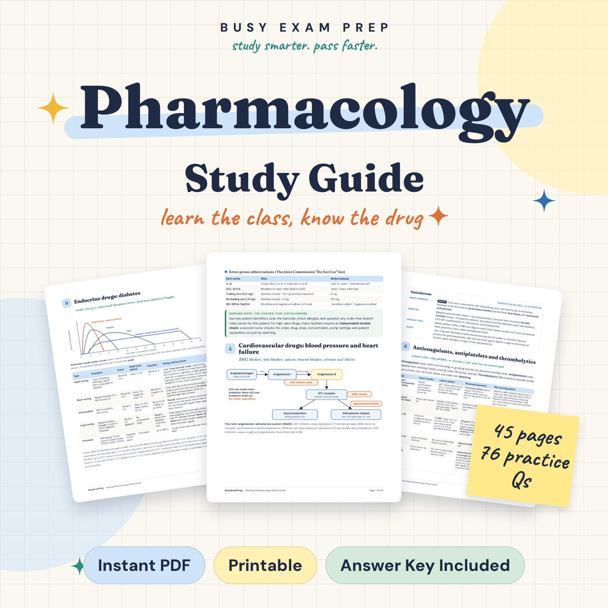 Nursing Pharmacology Study Guide. Original digital cover with actual sample pages, 45 pages and 76 practice questions. No printed book.