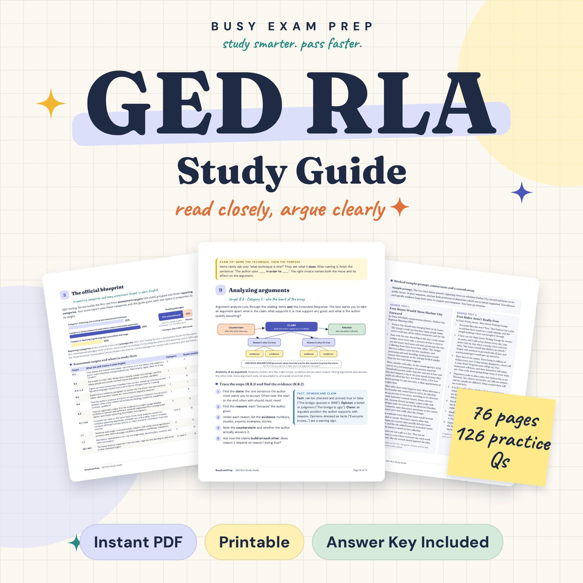 GED RLA Study Guide digital cover, 76 pages