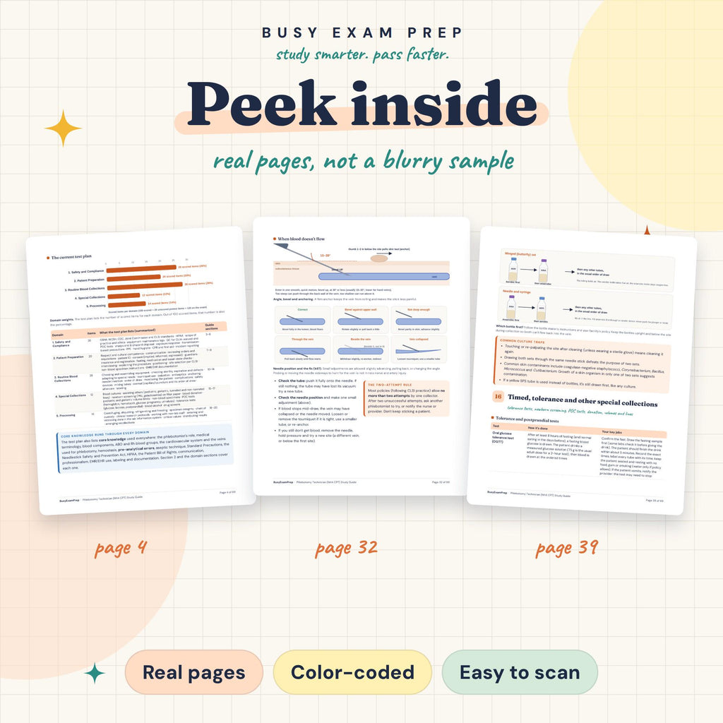 Preview pages from the Phlebotomy CPT Exam Study Guide