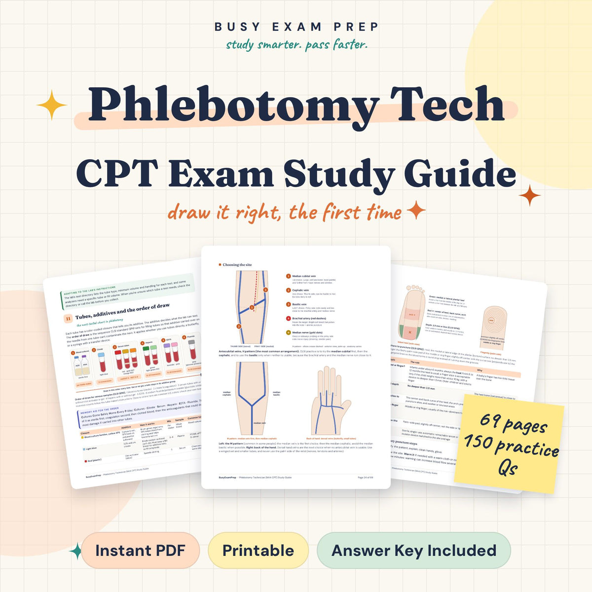 Phlebotomy CPT Exam Study Guide cover showing 69 pages