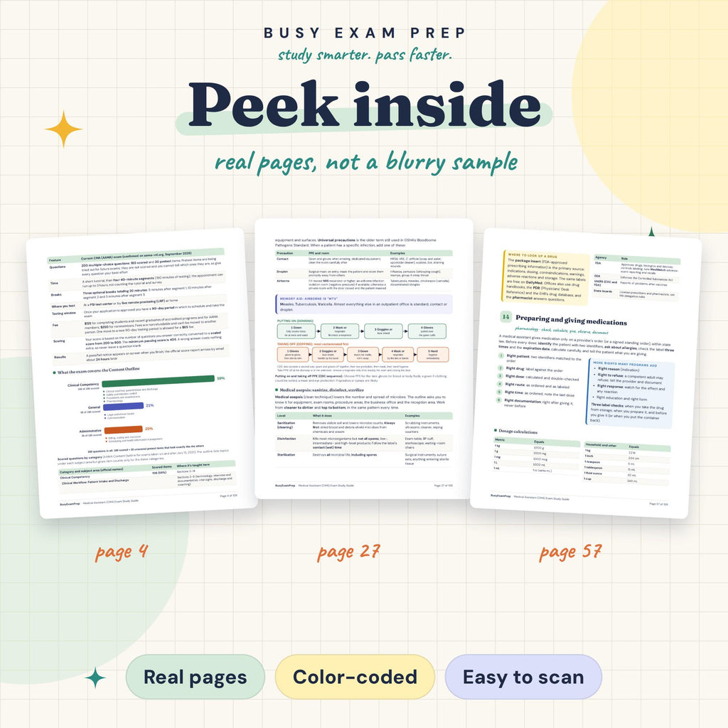 Real page previews from the Medical Assistant CMA (AAMA) Exam Study Guide, pages 4, 27, 57