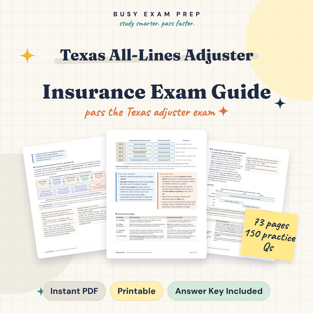 Texas All-Lines Adjuster Exam Study Guide digital cover, 73 pages