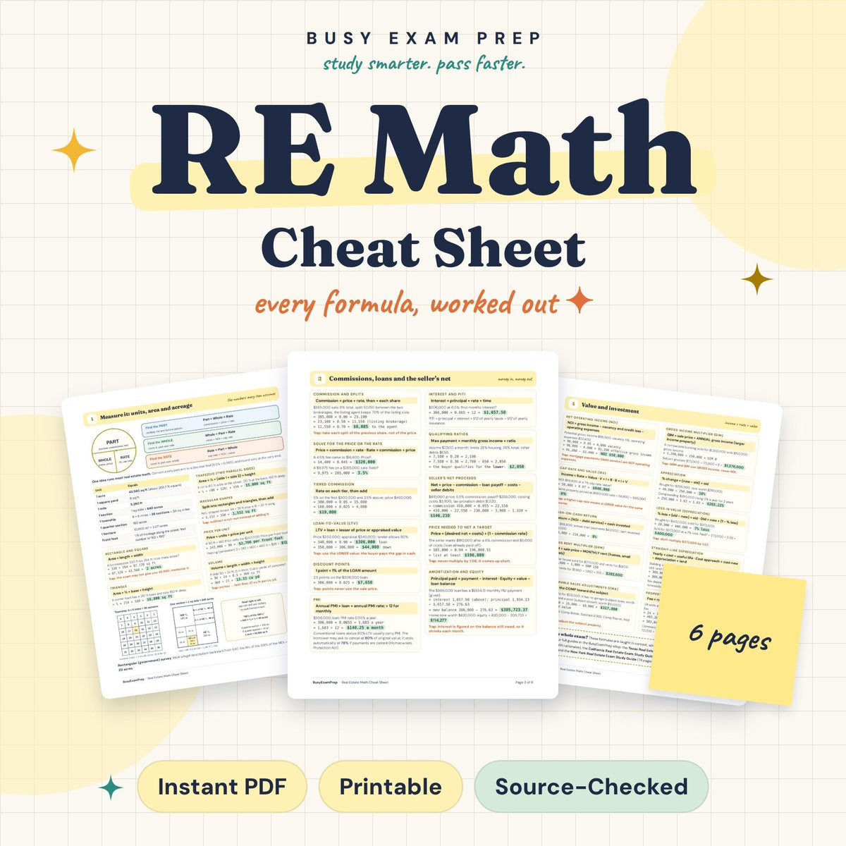 Real Estate Math Cheat Sheet digital cover, 6 pages
