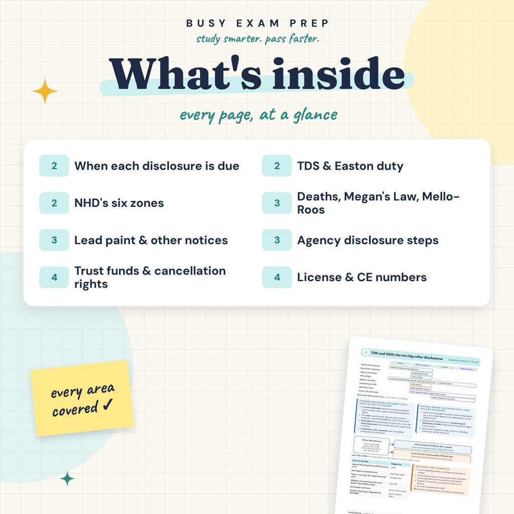 California Real Estate Disclosures Cheat Sheet contents overview