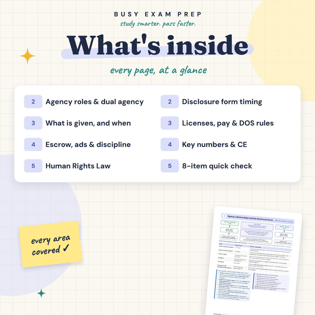 NY Real Estate Agency Law Cheat Sheet contents overview