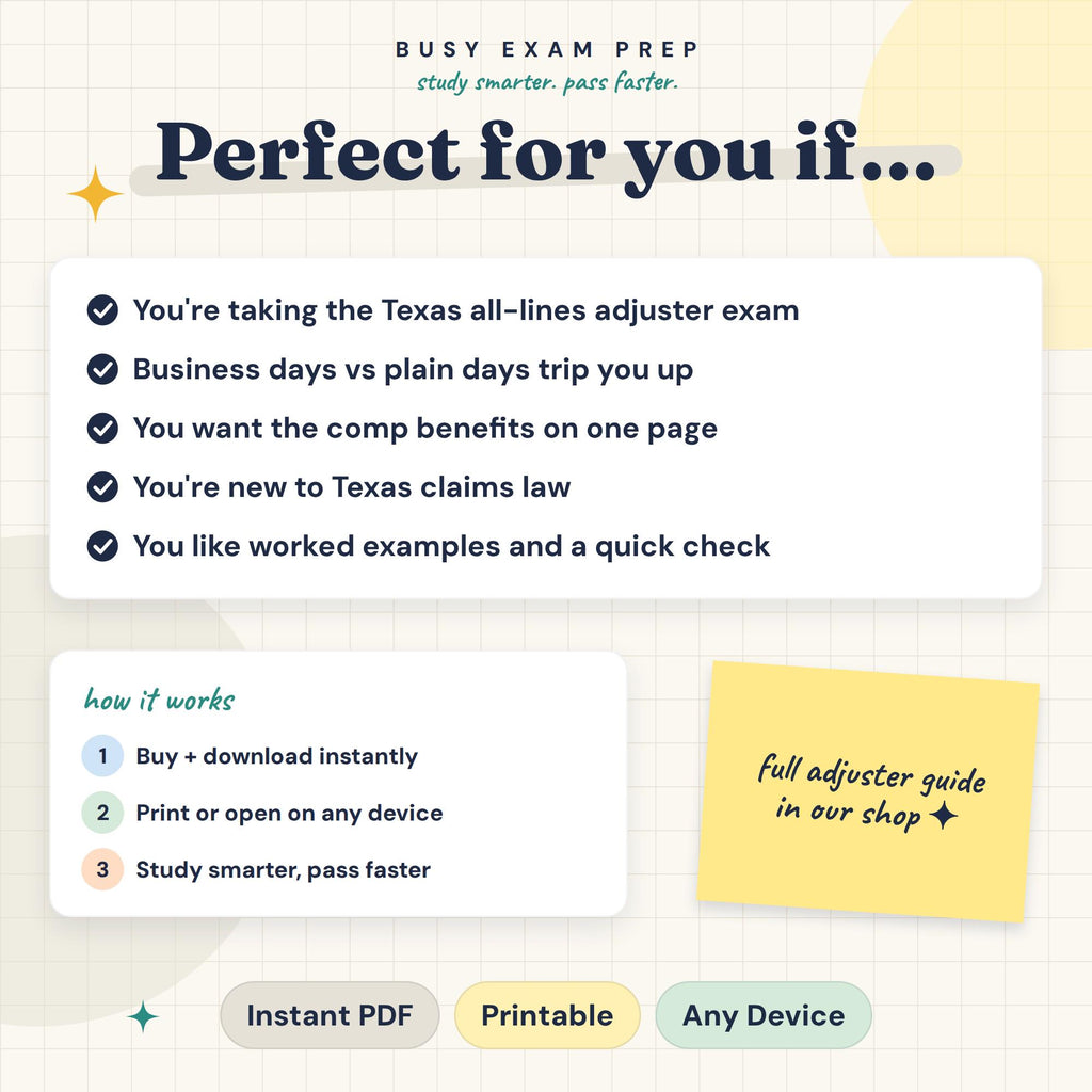 Texas Prompt Pay and Workers Comp Cheat Sheet audience and PDF format. The full Texas adjuster guide is a separate optional paid purchase, not included.