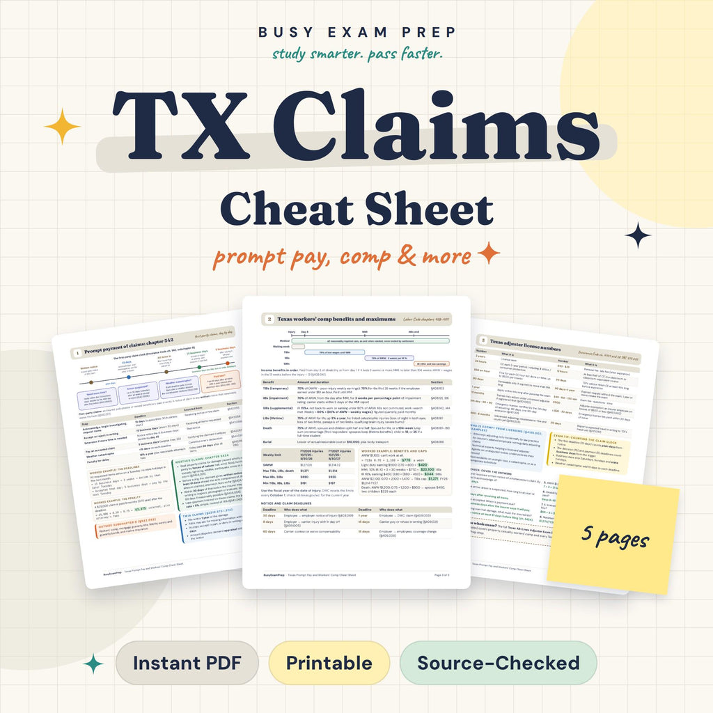Texas Prompt Pay and Workers Comp Cheat Sheet. Five-page digital study reference. No printed book or complete exam guide.