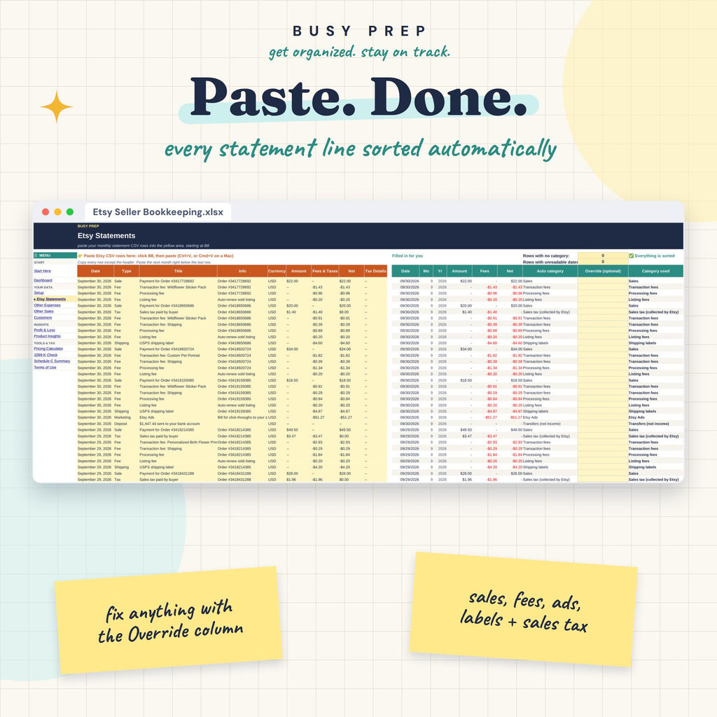 Etsy Seller Bookkeeping Spreadsheet, preview 2