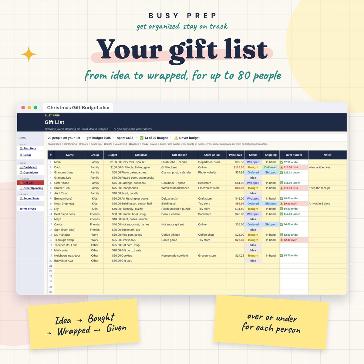 Christmas Gift Budget Spreadsheet, preview 3