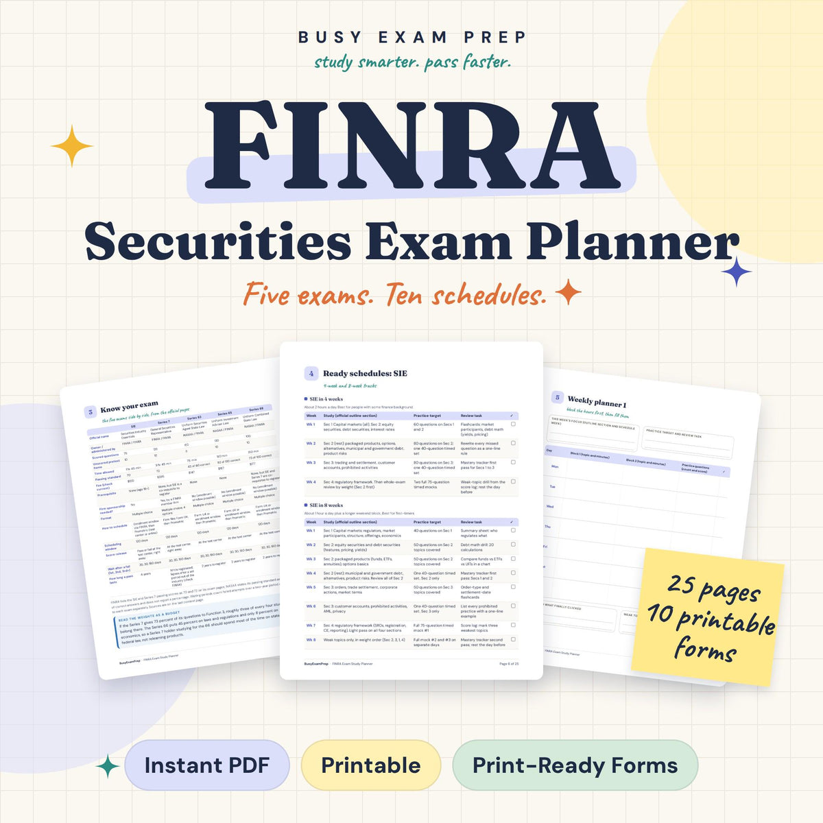 FINRA Exam Study Planner. Digital 25-page planner for SIE, Series 7, 63, 65 and 66. No printed item.