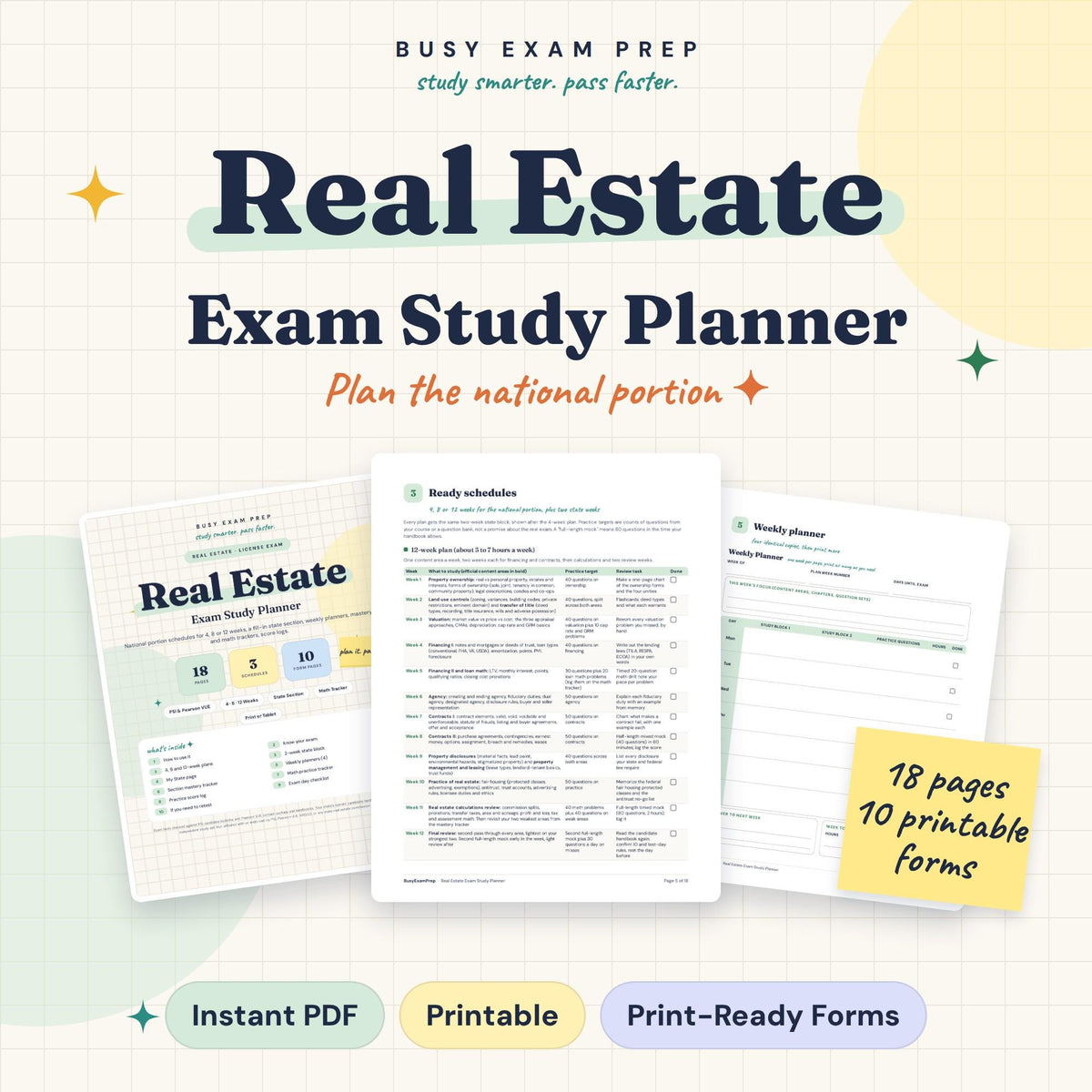 Real Estate Exam Study Planner. Digital 18-page national-portion planner. No printed item or state-law guide.