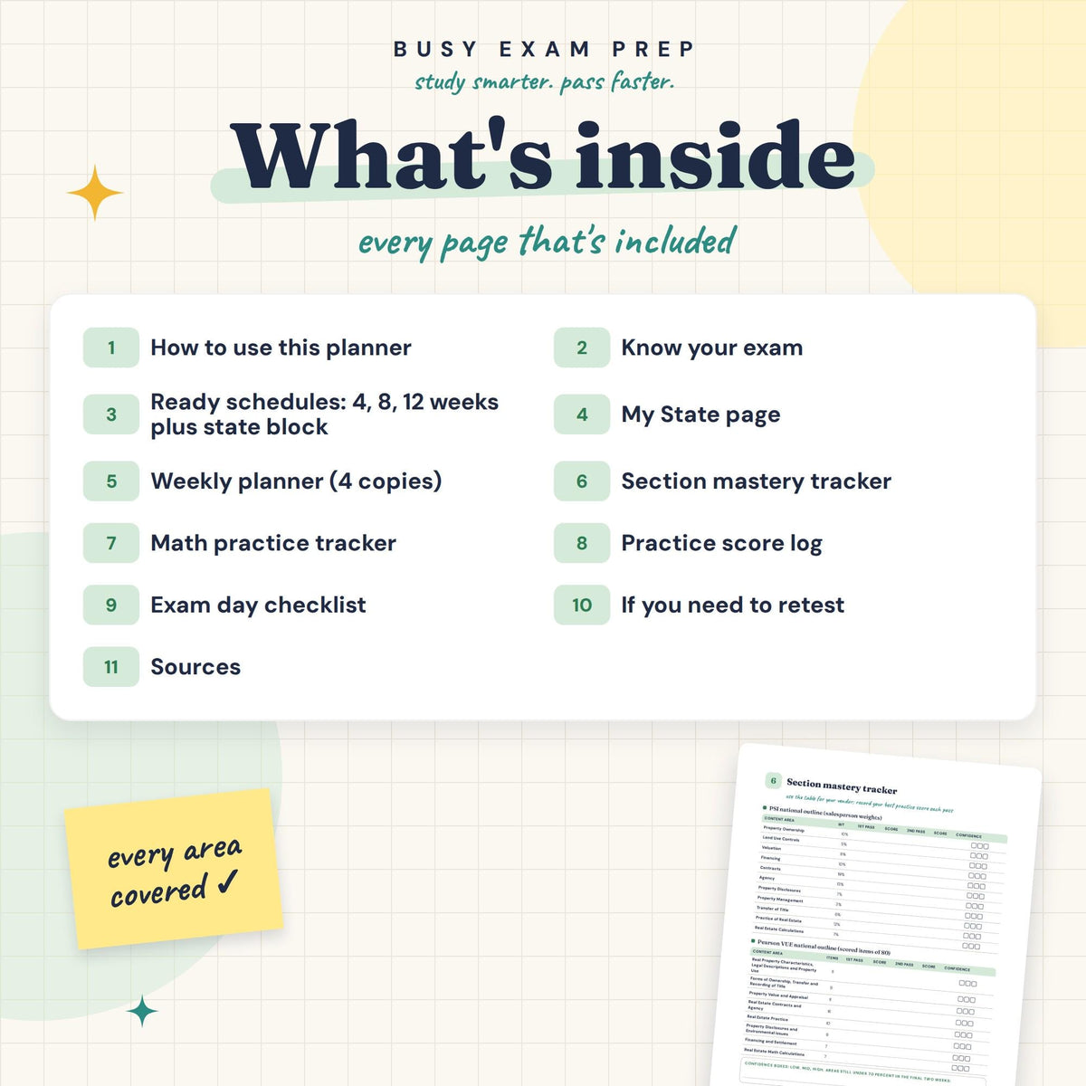 Real Estate Exam Study Planner contents, national schedules and fill-in state planning pages.