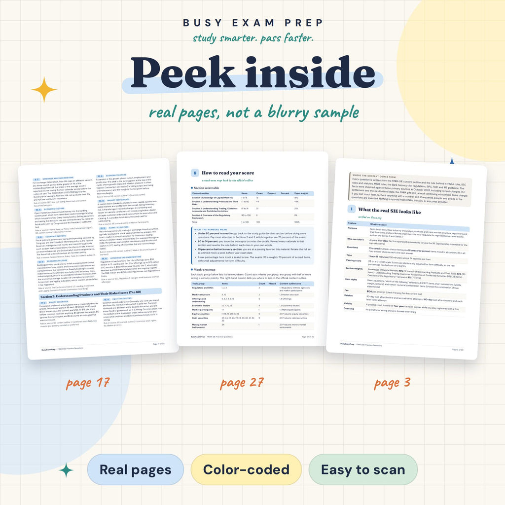 Preview pages from the SIE practice questions PDF