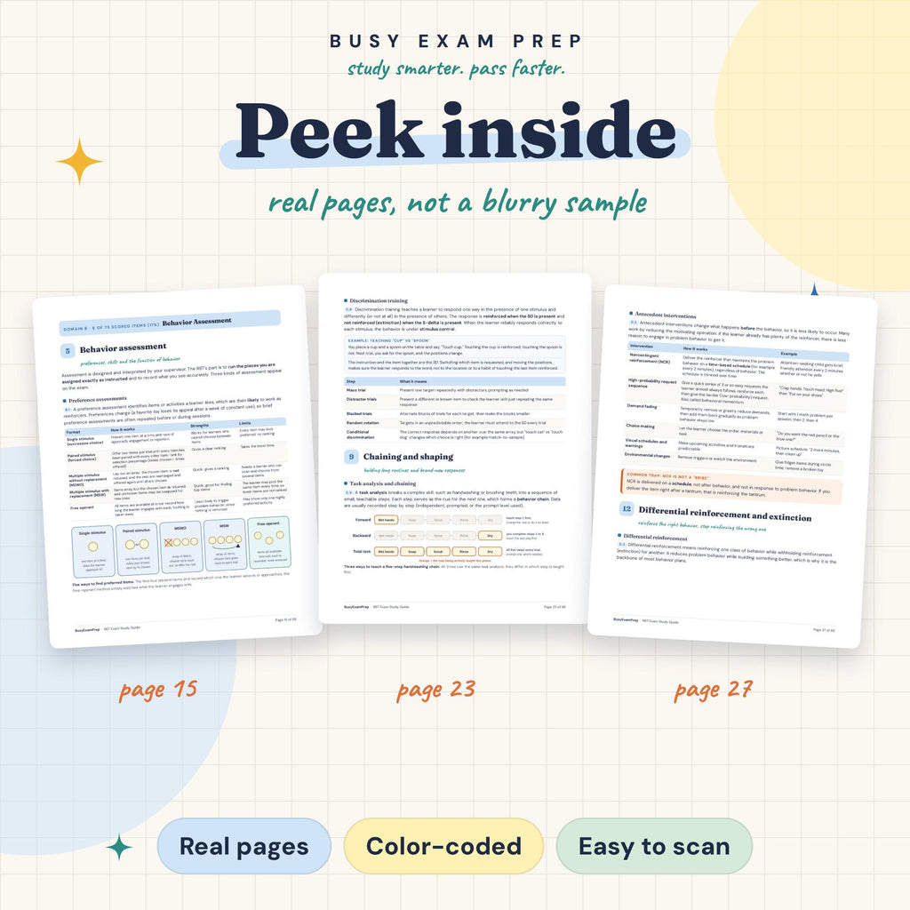 Real page previews from the RBT Exam Study Guide, pages 15, 23, 27