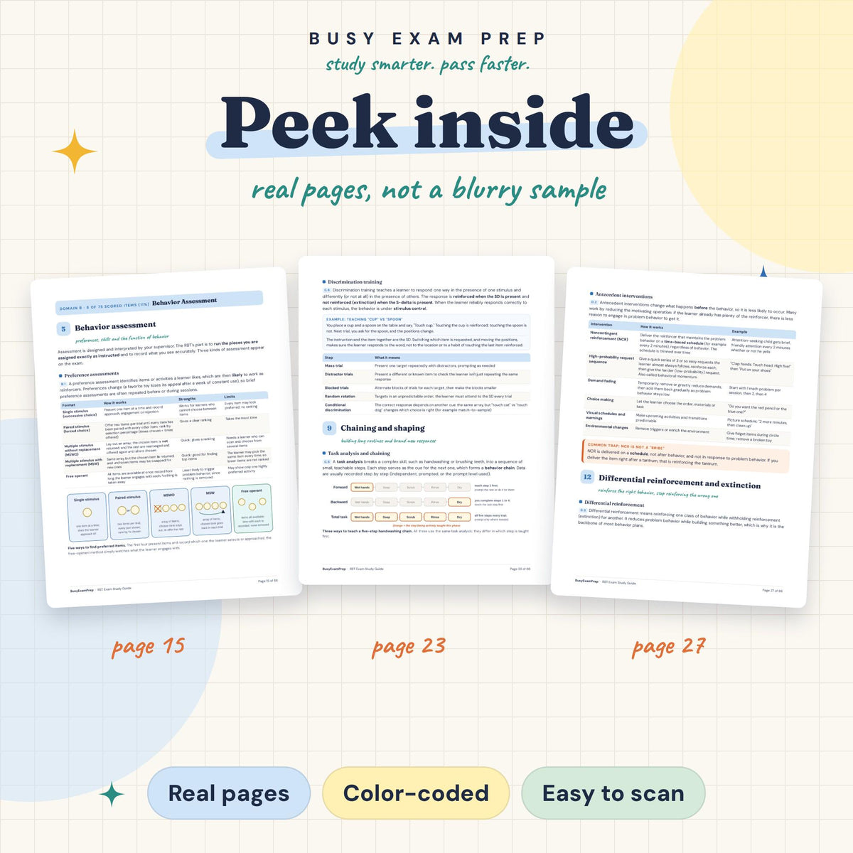 Real page previews from the RBT Exam Study Guide, pages 15, 23, 27