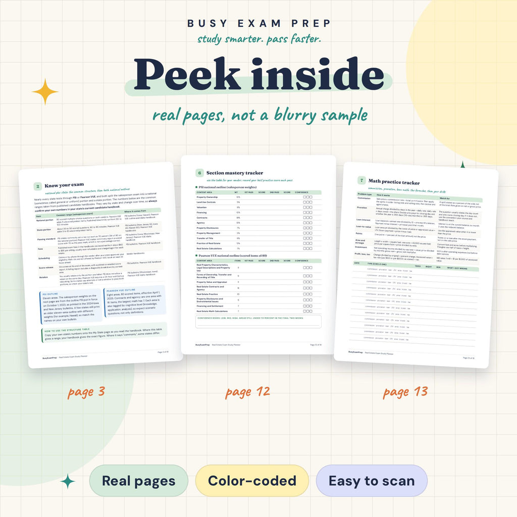 Real Estate Exam Study Planner original exam comparison, mastery tracker and math log page previews.