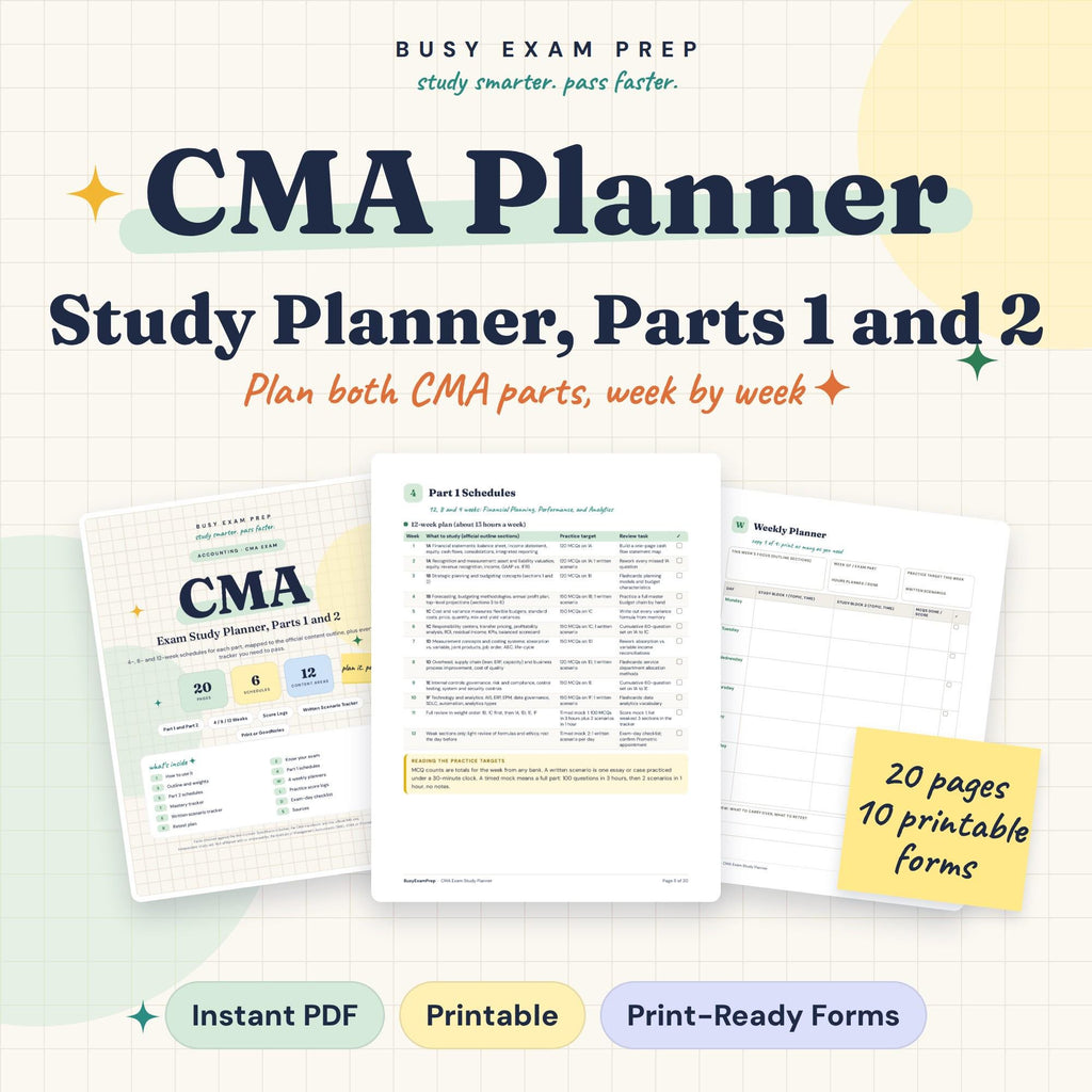 CMA Exam Study Planner cover showing the 20-page digital planner